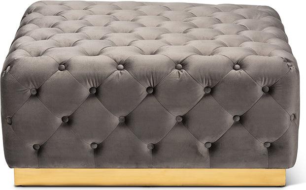 Wholesale Interiors Ottomans & Stools - Verene Glam and Luxe Grey Velvet Gold Square Cocktail Ottoman