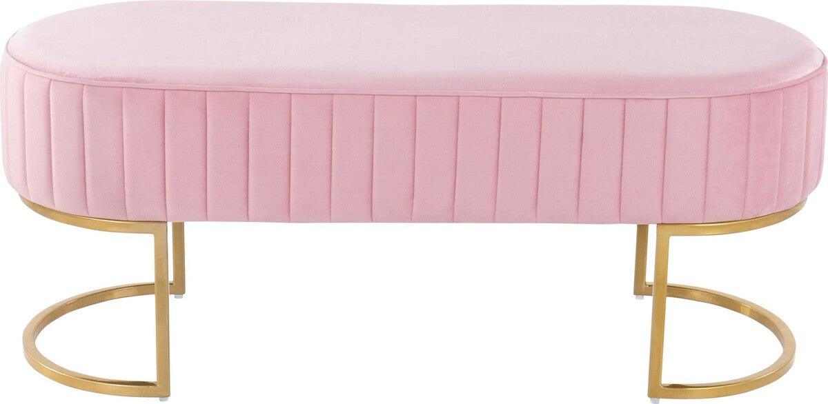 Lumisource Benches - Demi Glam Pleated Bench in Gold Steel and Pink Velvet