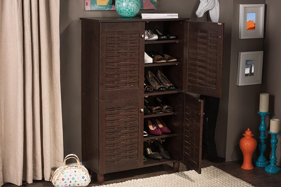 Wholesale Interiors Shoe Storage - Winda Modern and Contemporary 4-Door Dark Brown Wooden Entryway Shoes Storage Cabinet