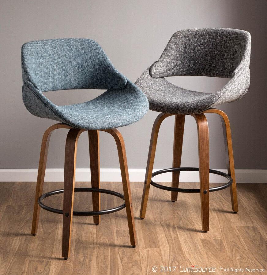 Lumisource Barstools - Fabrico Mid-Century Modern 38" Counter Stool in Walnut and Cream Fabric - Set of 2