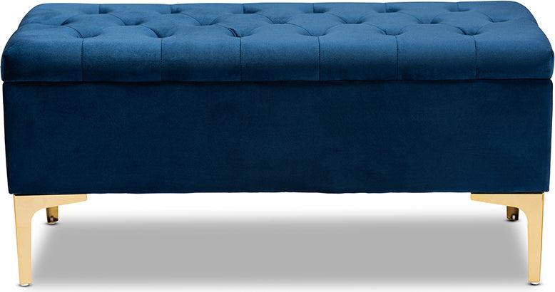 Wholesale Interiors Ottomans & Stools - Valere Navy Blue Velvet Fabric Upholstered Gold Finished Button Tufted Storage Ottoman