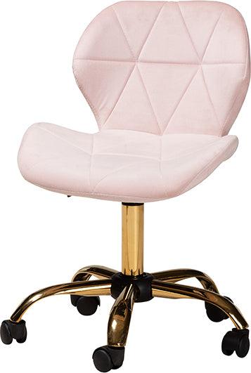 Wholesale Interiors Task Chairs - Savara Contemporary Glam and Luxe Blush Pink Velvet Fabric and Gold Metal Swivel Office Chair