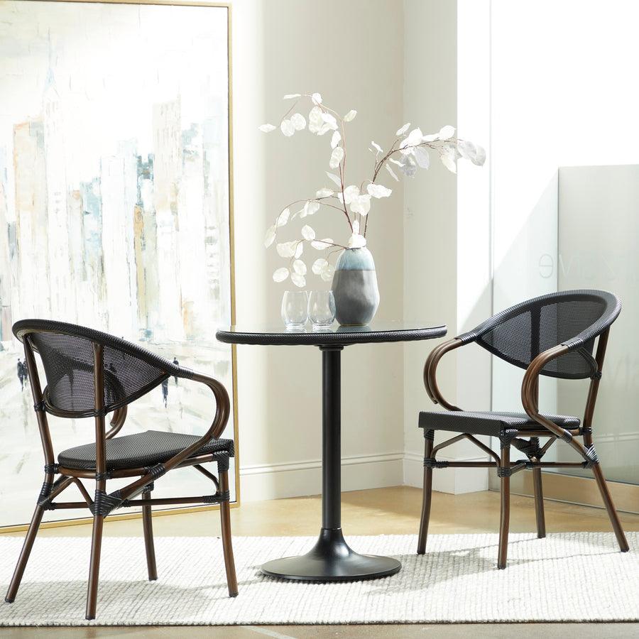 Euro Style Dining Chairs - Jannie Stacking Armchair in Black Textylene Mesh with Brown Frame - Set of 2