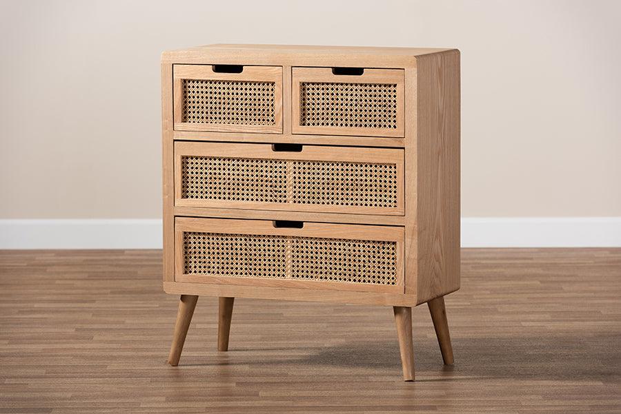 Wholesale Interiors Buffets & Cabinets - Alina Mid-Century Modern Medium Oak Finished Wood and Rattan 4-Drawer Accent Storage Cabinet
