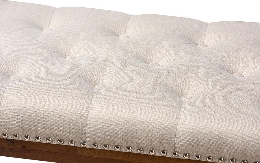 Wholesale Interiors Benches - Ainsley Contemporary Beige Fabric Upholstered Walnut Finished Solid Rubberwood Bench