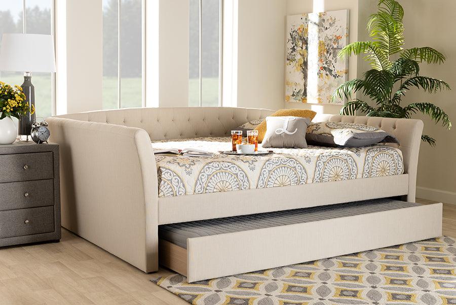 Wholesale Interiors Beds - Delora Contemporary Beige Fabric Full Size Daybed with Roll-Out Trundle Bed