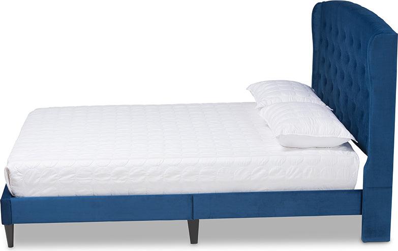 Wholesale Interiors Beds - Joanna Navy Blue Velvet Fabric Upholstered and Dark Brown Finished Wood King Size Platform Bed