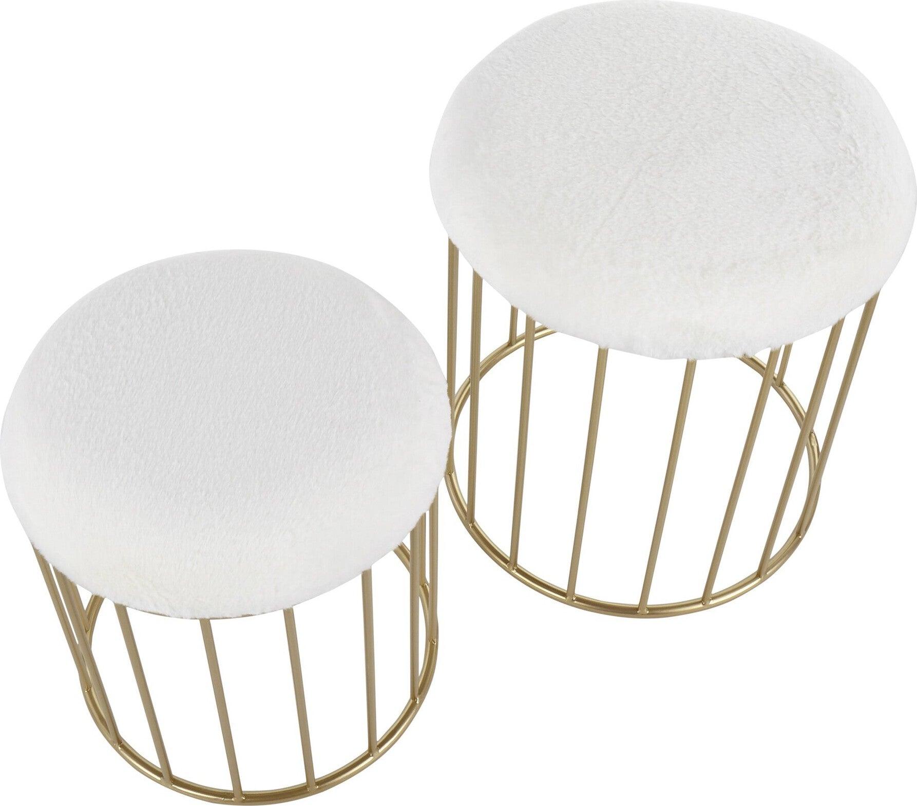 Lumisource Ottomans & Stools - Canary Contemporary Nesting Ottoman Set Gold Metal & White Plush Fabric