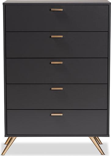 Wholesale Interiors Chest of Drawers - Kelson Dark Grey and Gold Finished Wood 5-Drawer Chest