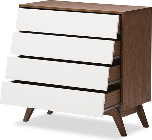 Wholesale Interiors Chest of Drawers - Hildon Mid-Century Modern White And Walnut Wood 4-Drawer Storage Chest