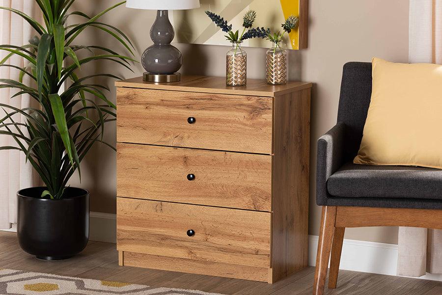 Wholesale Interiors Chest of Drawers - Decon Modern and Contemporary Oak Brown Finished Wood 3-Drawer Storage Chest