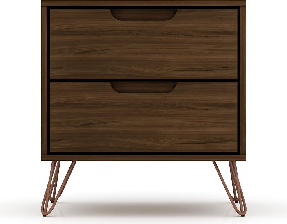 Manhattan Comfort Nightstands & Side Tables - Rockefeller 2.0 Mid-Century- Modern Nightstand with 2-Drawer in Brown