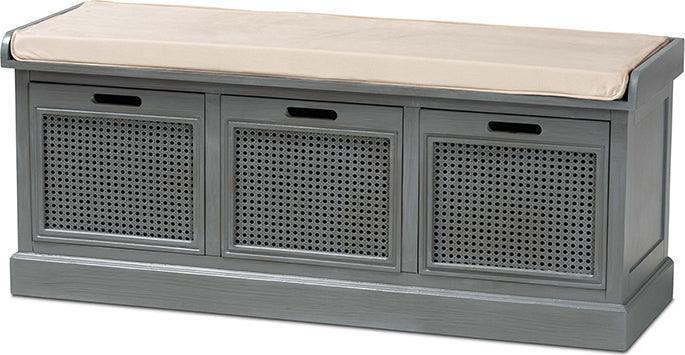 Wholesale Interiors Benches - Sheldon Beige Grey Rattan 3-Drawer Entryway Shoe Storage Bench