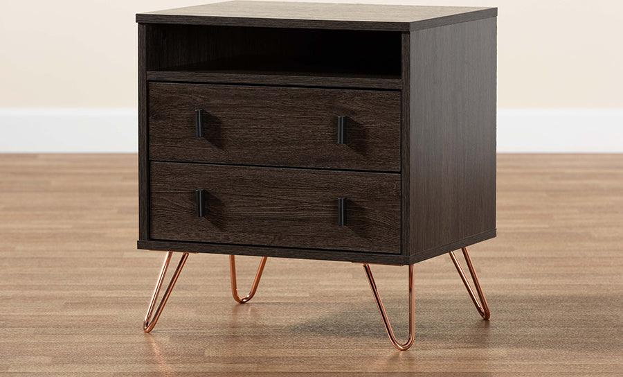Wholesale Interiors Nightstands & Side Tables - Glover Dark Brown Finished Wood and Rose Gold-Tone Finished Metal 2-Drawer Nightstand