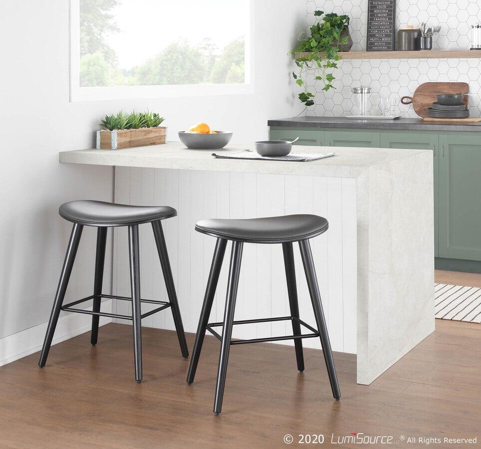 Lumisource Barstools - Saddle 26" Contemporary Counter Stool in Black Wood & Grey Faux Leather- Set of 2