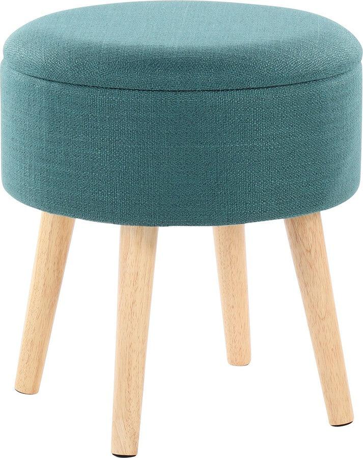 Lumisource Ottomans & Stools - Tray Contemporary Storage Ottoman With Matching Stool In Teal Fabric & Natural Wood Legs
