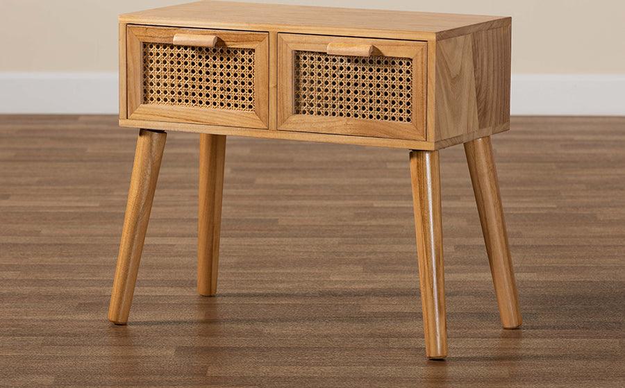 Wholesale Interiors Consoles - Falan Mid-Century Modern Oak Brown Finished Wood 2-Drawer Console Table with Rattan