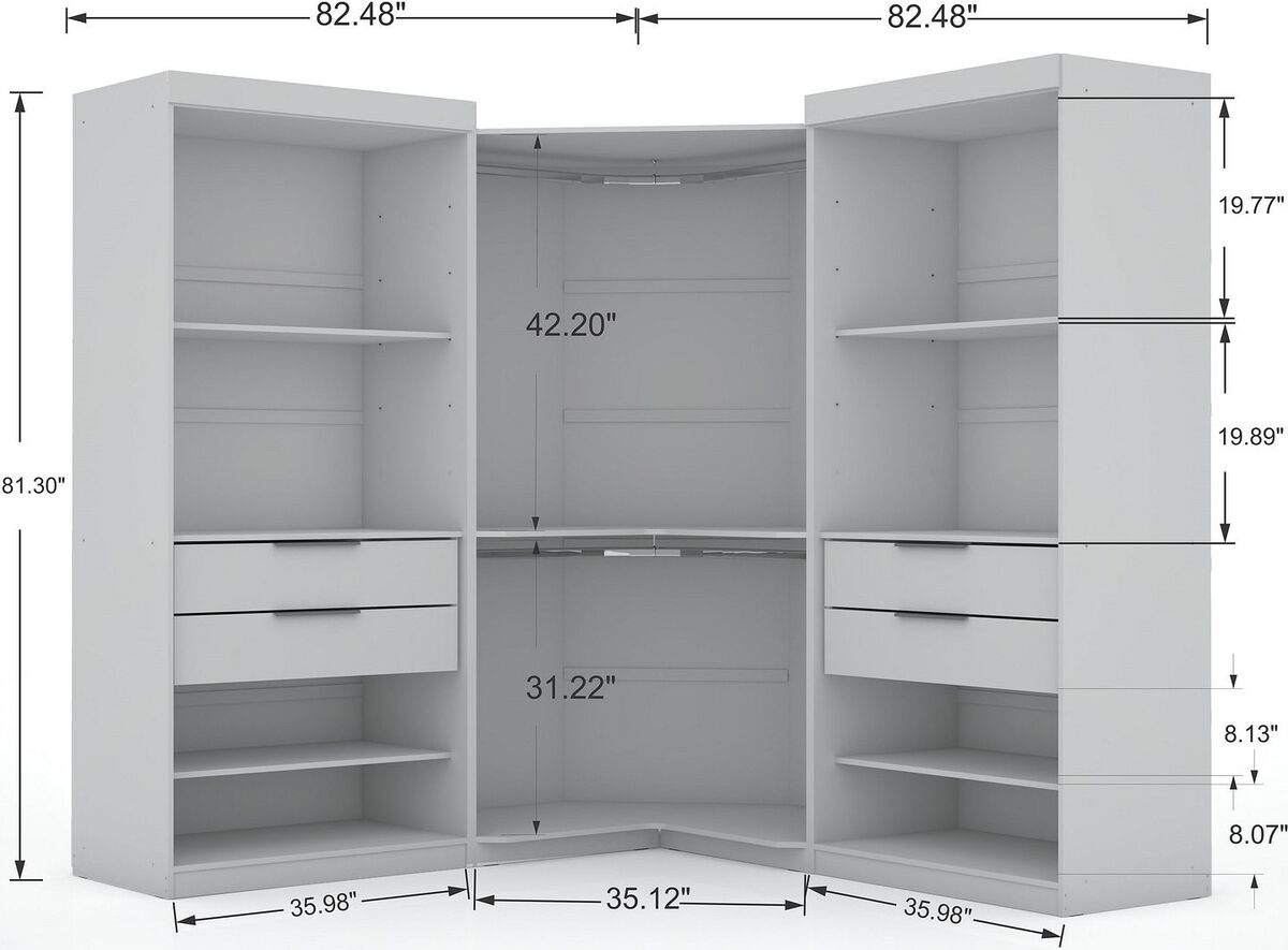 Manhattan Comfort Cabinets & Wardrobes - Mulberry Open 3 Sectional Modern Wardrobe Corner Closet with 4 Drawers - Set of 3 in White