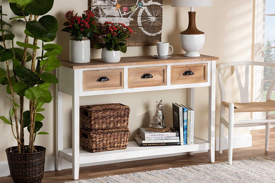 Wholesale Interiors Consoles - Benedict Farmhouse and Rustic Two-Tone White and Oak Brown Finished Wood 3-Drawer Console Table