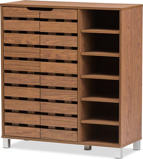 Wholesale Interiors Shoe Storage - Shirley Contemporary Walnut Medium Brown Wood 2-Door Shoe Cabinet with Open Shelves