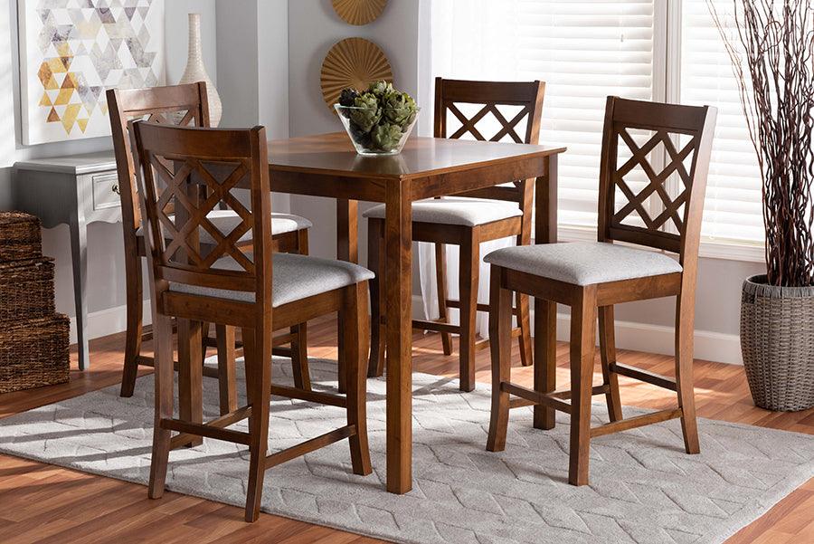 Wholesale Interiors Dining Sets - Alora Grey Fabric Upholstered Walnut Brown Finished 5-Piece Wood Pub Set