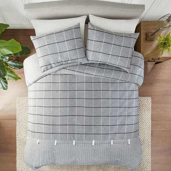 Olliix.com Duvet & Duvet Sets - 3 Piece Faux Linen Jacquard Duvet Cover Set Gray Full/Queen