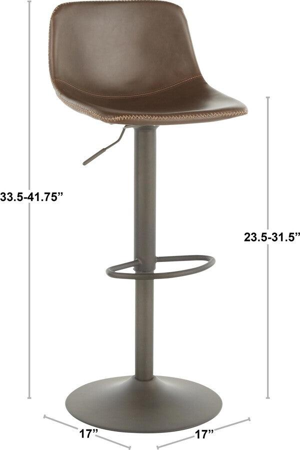 Lumisource Barstools - Duke Industrial Adjustable Barstool in Antique Metal and Brown Faux Leather - Set of 2