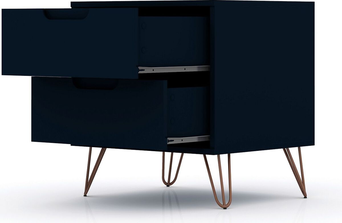 Manhattan Comfort Nightstands & Side Tables - Rockefeller 2.0 Mid-Century- Modern Nightstand with 2-Drawer in Tatiana Midnight Blue