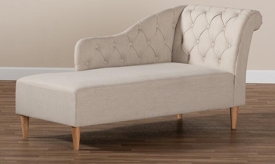 Wholesale Interiors Accent Chairs - Emeline Modern and Contemporary Beige Fabric Upholstered Oak Finished Chaise Lounge