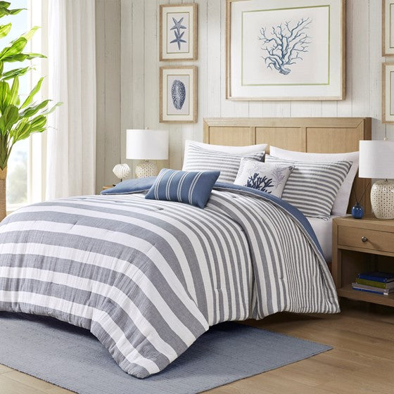 Olliix.com Comforters & Blankets - 5 Piece Oversized Cotton Stripe Comforter Set White/Blue Cal King