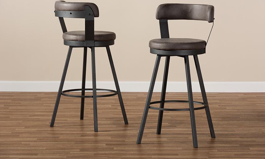 Wholesale Interiors Barstools - Arcene Rustic and Industrial Antique Grey Fabric 2-Piece Swivel Bar Stool Set