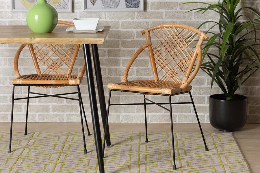 Wholesale Interiors Dining Chairs - Pro Modern Bohemian Natural Brown Rattan and Black Metal 2-Piece Dining Chair Set