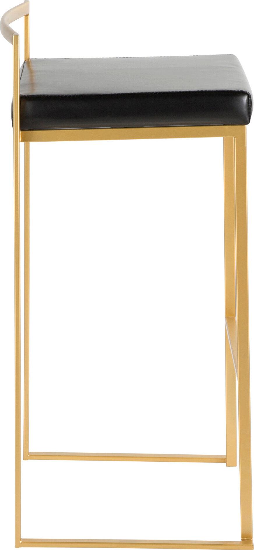 Lumisource Barstools - Fuji Contemporary-Glam Barstool in Gold with Black Faux Leather (Set of 2)