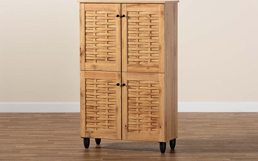 Wholesale Interiors Shoe Storage - Winda Modern and Contemporary Oak Brown Finished Wood 4-Door Shoe Storage Cabinet