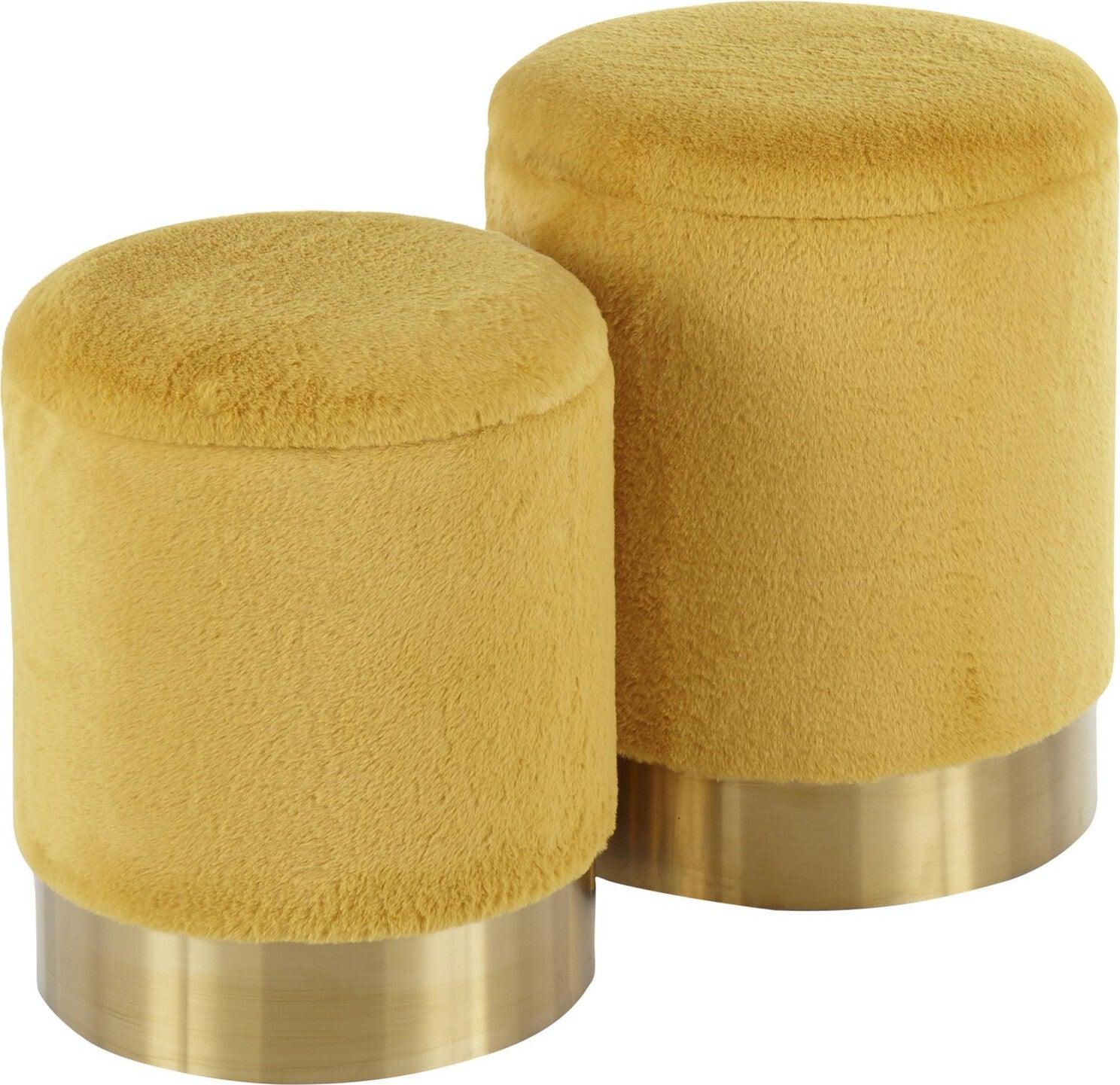 Lumisource Ottomans & Stools - Marla Contemporary Nesting Ottoman Set Gold Metal & Yellow Plush Fabric