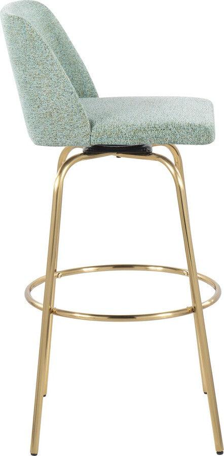 Lumisource Barstools - Toriano 30" Fixed Height Barstool With Swivel In Light Green Fabric & Gold Metal (Set of 2)