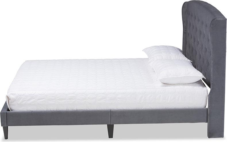 Wholesale Interiors Beds - Joanna Grey Velvet Fabric Upholstered and Dark Brown Finished Wood King Size Platform Bed
