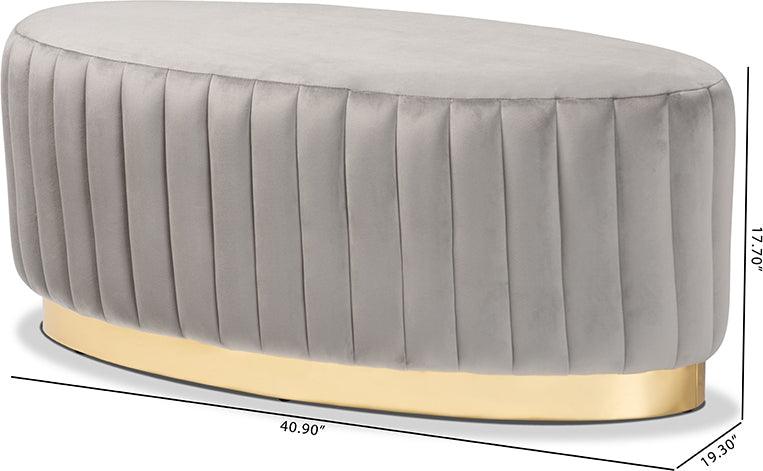 Wholesale Interiors Ottomans & Stools - Kirana Glam and Luxe Grey Velvet Fabric Upholstered and Gold PU Leather Ottoman