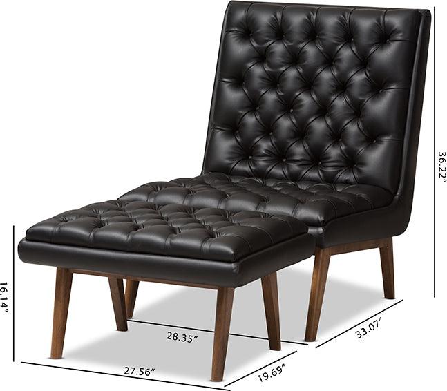 Wholesale Interiors Living Room Sets - Annetha Mid-Century Modern Black Faux Leather Walnut Wood Chair And Ottoman Set