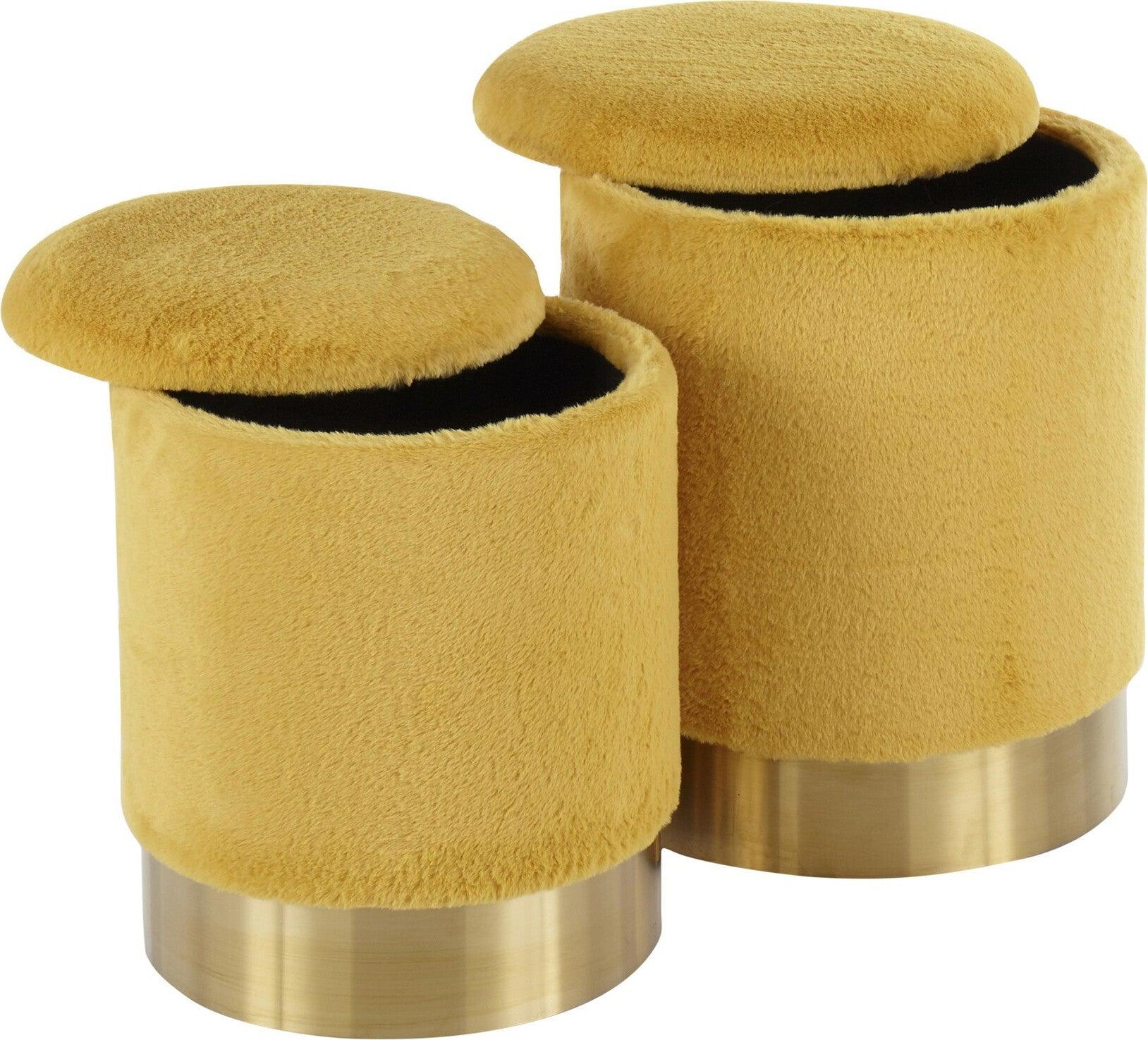 Lumisource Ottomans & Stools - Marla Contemporary Nesting Ottoman Set Gold Metal & Yellow Plush Fabric