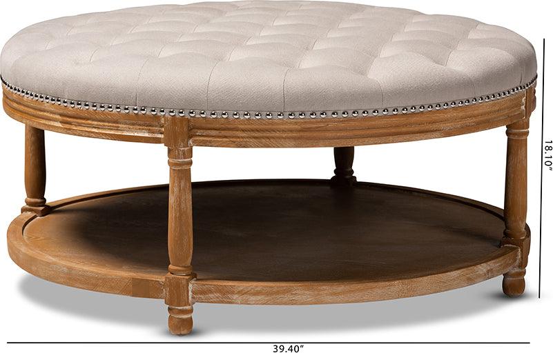 Wholesale Interiors Ottomans & Stools - Ambroise French Provincial Beige Linen Fabric Upholstered and White-Washed Oak Wood