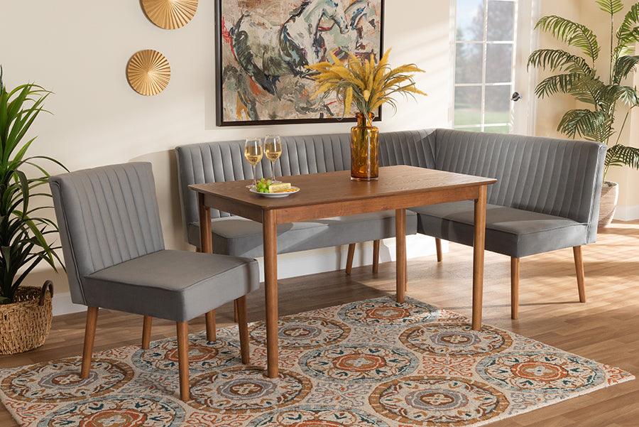 Wholesale Interiors Dining Sets - Alvis Modern Grey Velvet Upholstered and Walnut Brown Finished Wood 4-Piece Dining Nook Set
