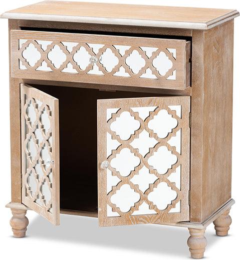 Wholesale Interiors Buffets & Cabinets - Leah Glam Farmhouse Rustic Oak Brown Mirrored 1-Drawer Quatrefoil Storage Cabinet