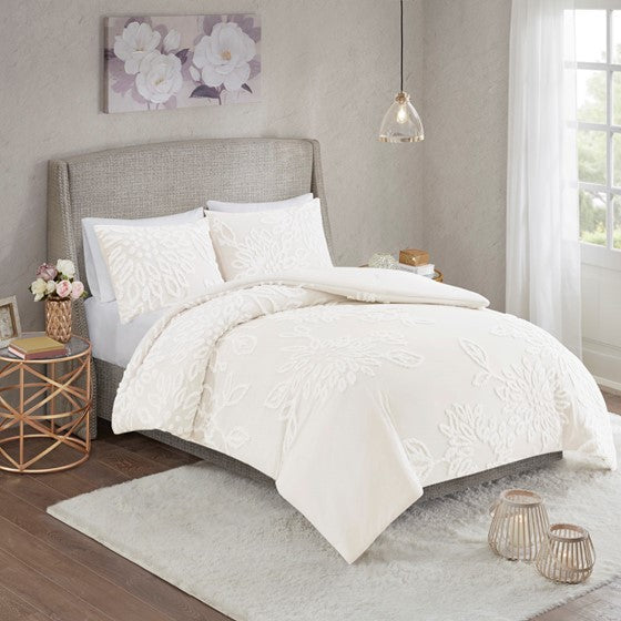 Olliix.com Comforters & Blankets - 3 Piece Tufted Cotton Chenille Floral Comforter Set Off-White Full/Queen
