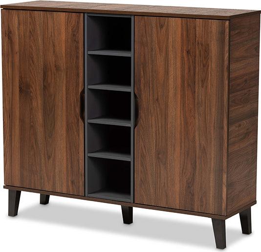 Wholesale Interiors Shoe Storage - Idina Mid-Century Modern Two-Tone Walnut Brown and Grey Wood 2-Door Shoe Cabinet