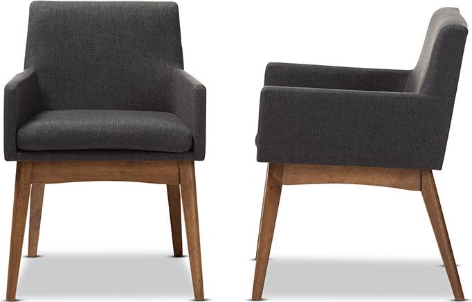 Wholesale Interiors Dining Chairs - Nexus Mid-Century Modern Walnut Wood Dark Grey Fabric Dining Armchair (Set of 2)