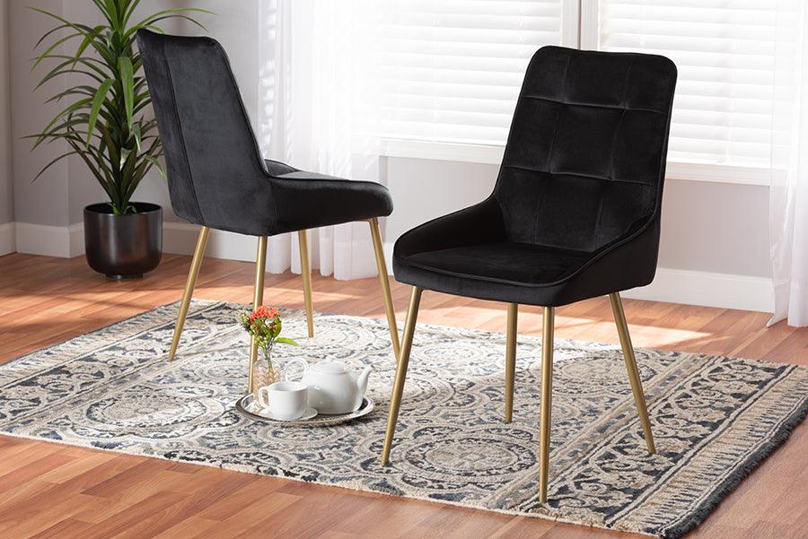 Wholesale Interiors Dining Chairs - Gavino Luxe and Black Velvet Fabric Upholstered and Gold Finished Metal 2-Piece Dining Chair Set