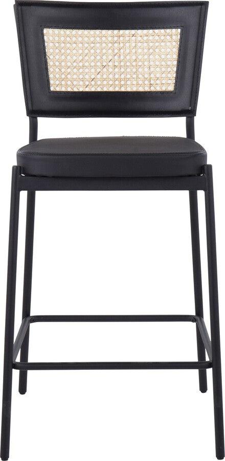 Lumisource Barstools - Rattan Tania Counter Stool In Black Metal, Black Faux Leather, & Rattan Back (Set of 2)