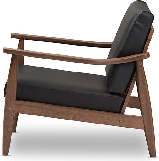 Wholesale Interiors Accent Chairs - Venza Mid-Century Modern Walnut Wood Black Faux Leather Lounge Chair