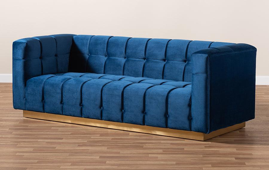 Wholesale Interiors Sofas & Couches - Loreto Glam and Luxe Navy Blue Velvet Fabric Upholstered Brushed Gold Finished Sofa